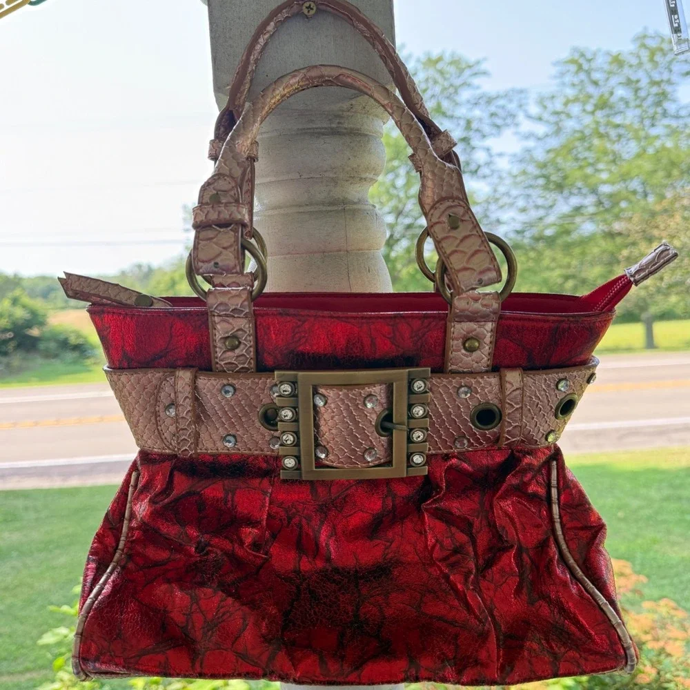 Y2K Metallic Red Rhinestone Buckle Satchel Purse McBling